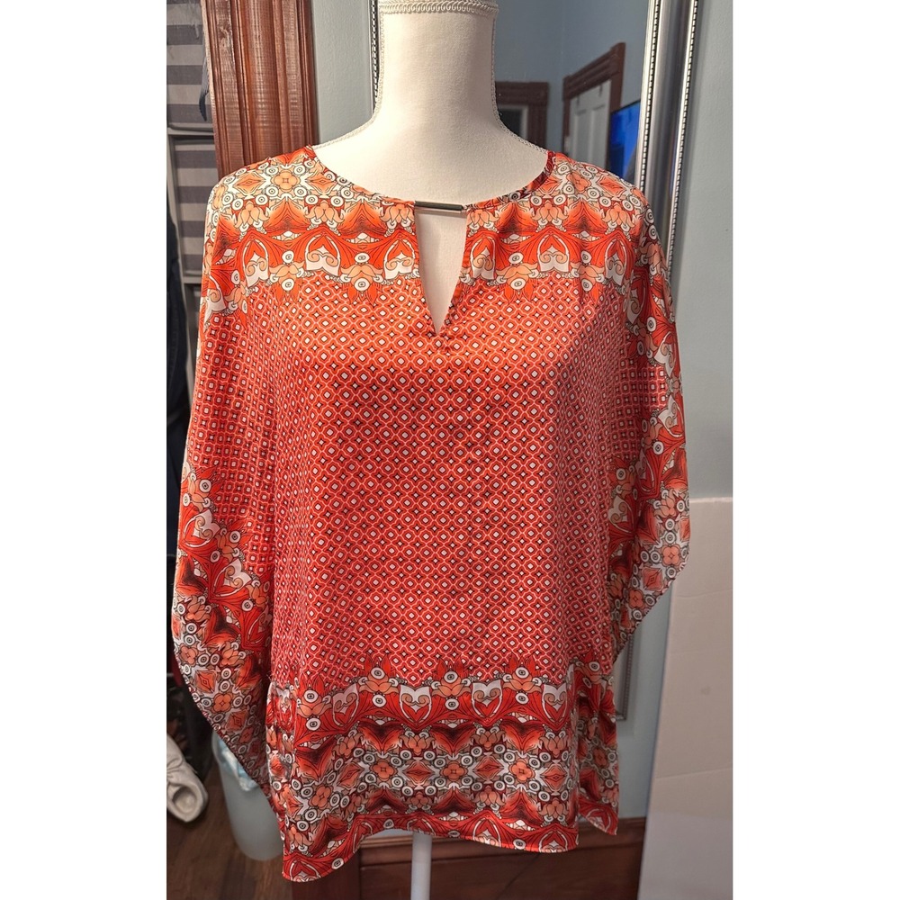 Dana Buchman Womens XS Orange Geometric Medallion Keyhole Kaftan Blouse Top